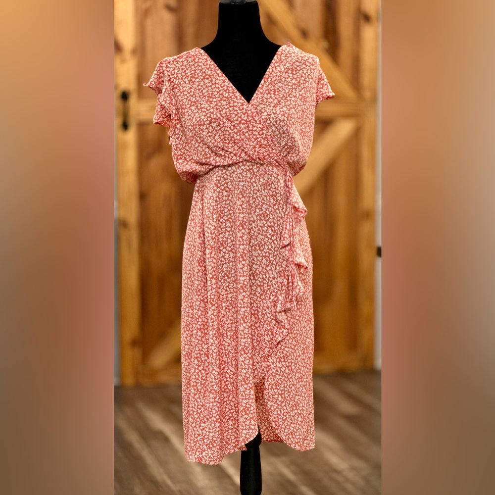 💘Red-Orange Floral Print Mid-calf Length Dress💘